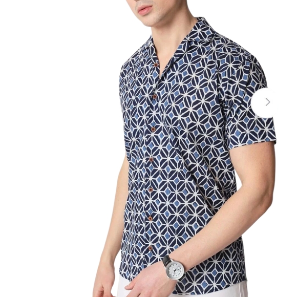 Piombo Mens Blue Geometric Print Short Sleeve Button Down Shirt - Large - Picture 3 of 15
